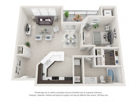 Floor plan for 1 bed, 1 bath, 822 sqft